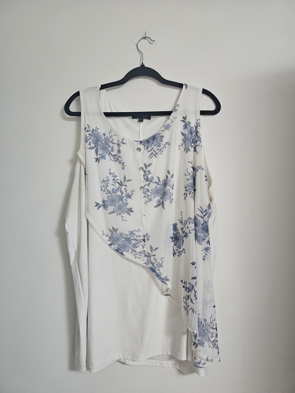 Women’s Cream One-Shoulder Dress with Blue Floral Overlay